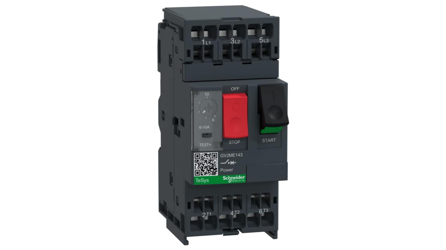 Interruttore automatico motore Schneider Electric GV2ME143, 6-10 A, 690 V, 3 poli, tecnologia termico-magnetica, dimensioni 101x45x78.5 mm.