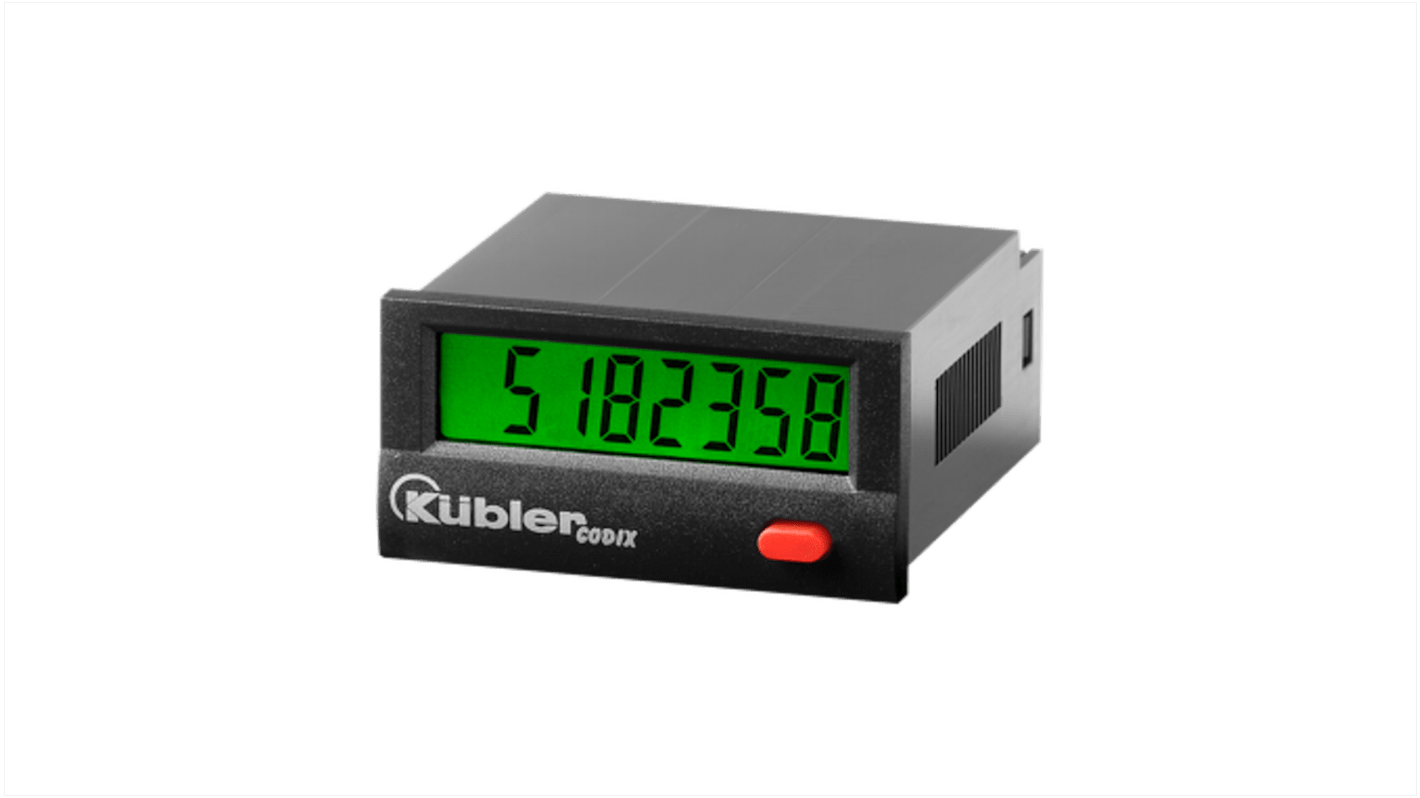 Contatore impulsi Kübler 6.130.012.853, LCD 8 cifre, alimentato a batteria, IP65, dimensioni 22,2x45 mm, max 30 Hz.