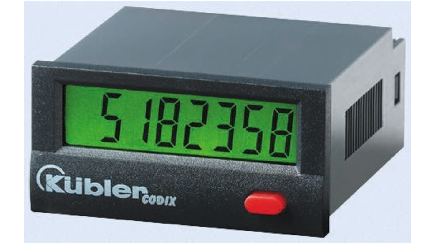 Contatore impulsi Kübler 6.130.012.860, LCD 8 cifre, alimentazione 24 V, ingresso bidirezionale, IP65, dimensioni 22,2x45 mm.