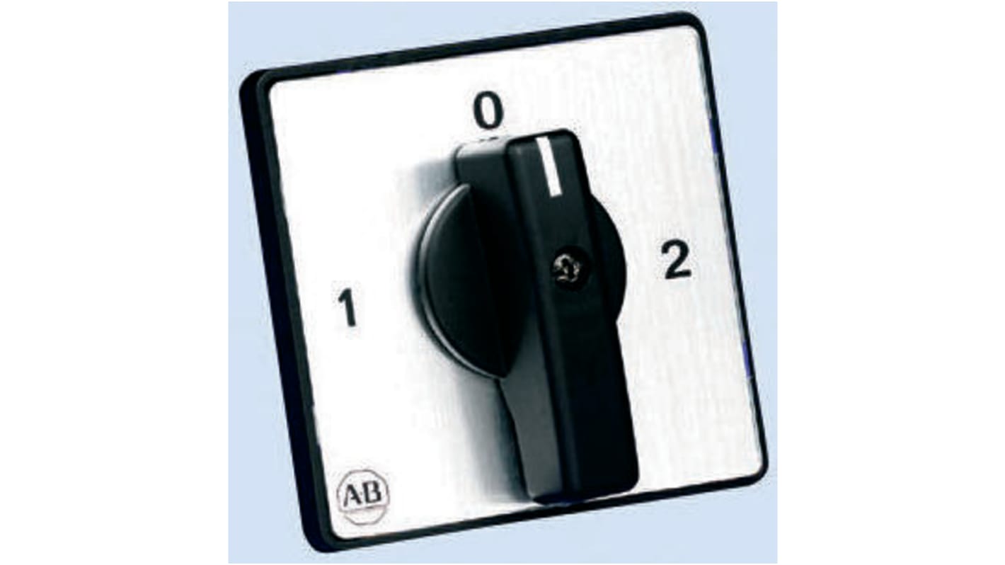 Manopola nera Allen Bradley 194L-HE6A-375 per interruttori a camme, con legenda grigio argento, per commutatore tripolare.