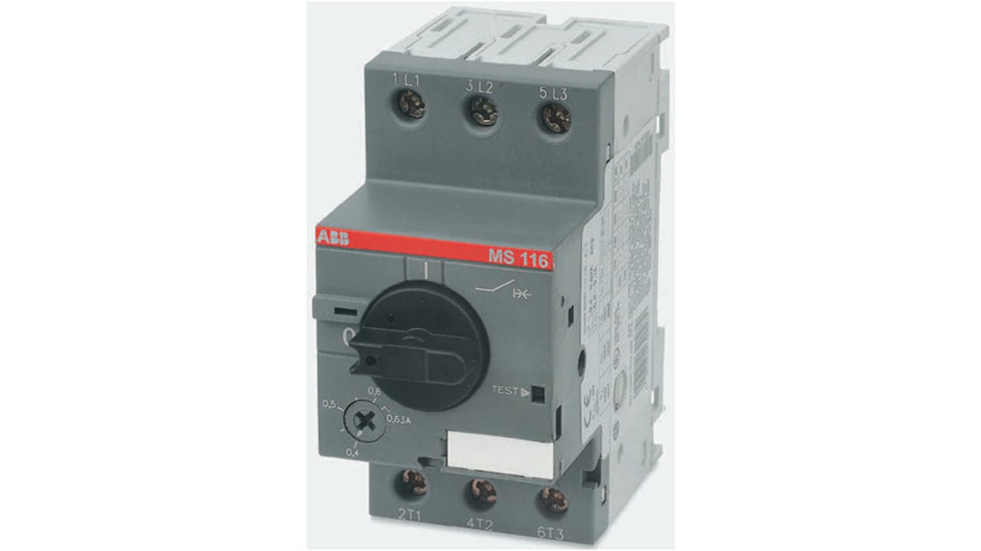 Interruttore automatico motore ABB 1SAM250000R1001, per motori fino a 16A, protezione da sovraccarichi e cortocircuiti, dimensioni 90mm x 45mm x 80.1mm.