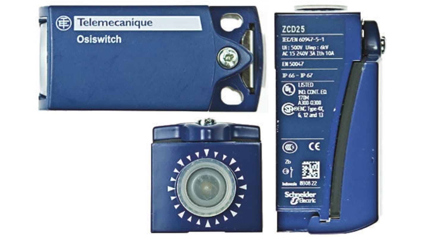 Interruttore di fine corsa Telemecanique Sensors ZCD25, contatti NO/NC, corpo metallico, dimensioni 65mm x 31mm x 30mm.