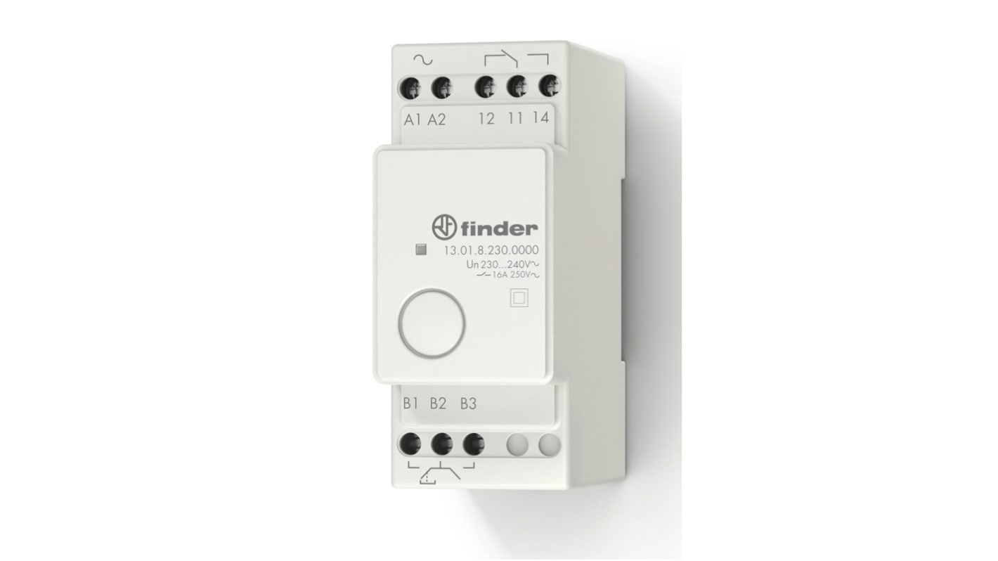 Finder 13.01.0.024.0000, relè di potenza SPDT 24V, montaggio su guida DIN, corrente 16A, dimensioni 35mm x 54.6mm x 84mm.