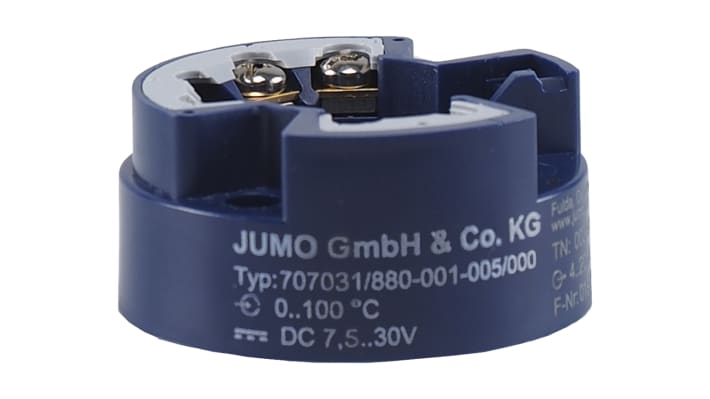 Trasmettitore di temperatura Jumo 707031/880-001-005/000, ingresso PT100, gamma 0-100°C, diametro 44 mm, per gruppi testa J e B.