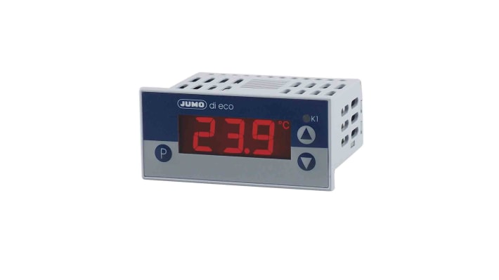 Jumo 701540/811-02, misuratore digitale da pannello con display LCD, alimentazione 230 V, dimensioni foro 36 x 76 mm.