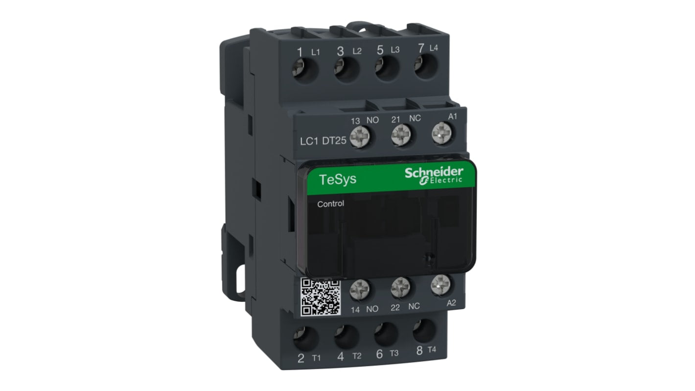Contattore Schneider Electric LC1DT25B7, 4 poli, 4NO, 25A, 24V c.a. per il controllo di carichi elettrici industriali. Alta efficienza e prestazioni elevate.