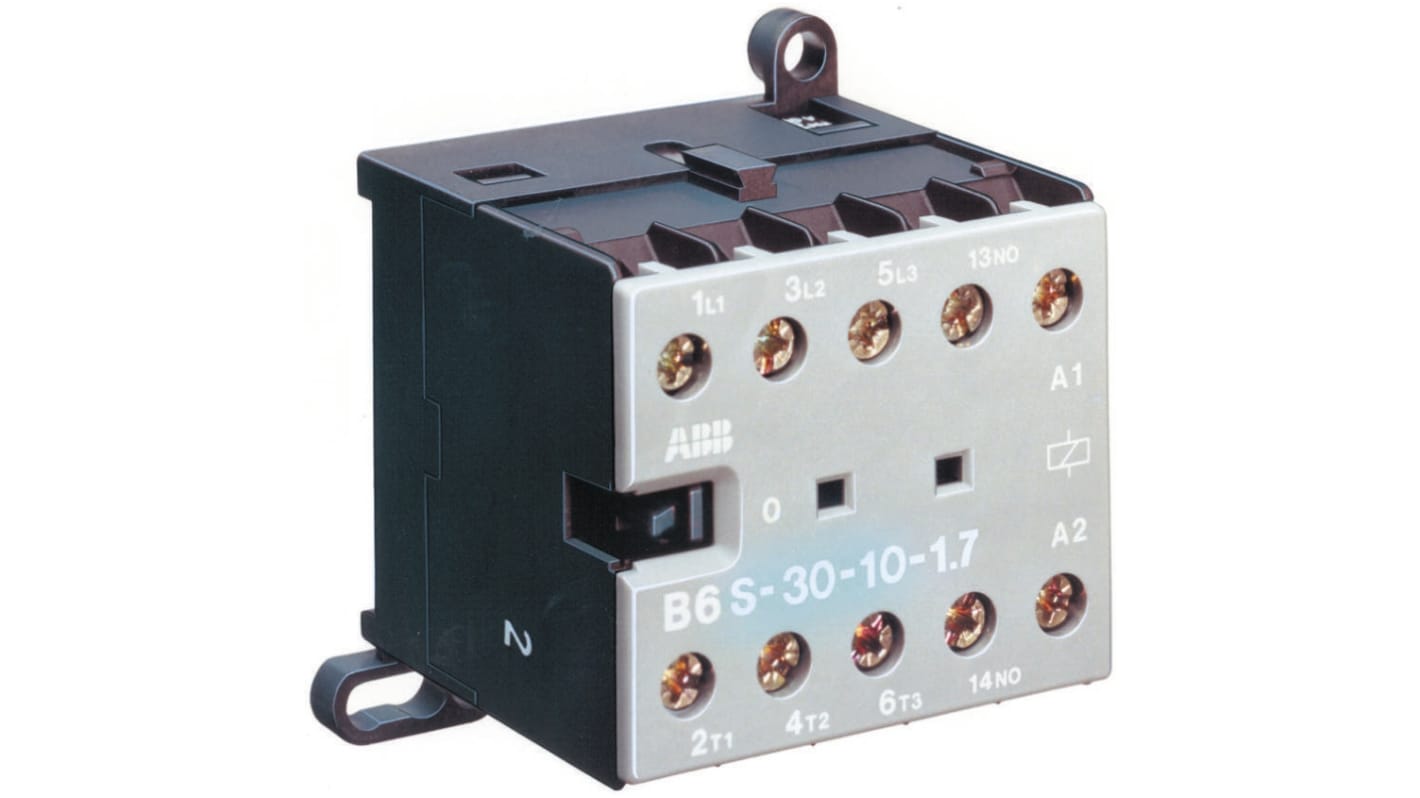 Contattore ABB GJL1313001R7011, serie B, 3 poli, 20 A, bobina 24 V c.c., montaggio su guida DIN, dimensioni 57.5x52.5x46.5 mm.