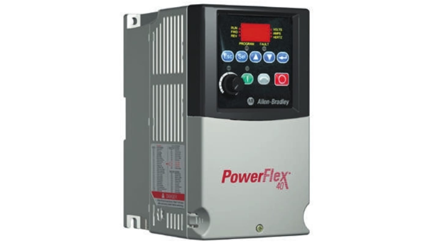 Inverter monofase Allen Bradley 22B-A5P0N114, potenza 0,75 W, 230 V, 5 A, frequenza 400 Hz, dimensioni 180x100x136 mm.