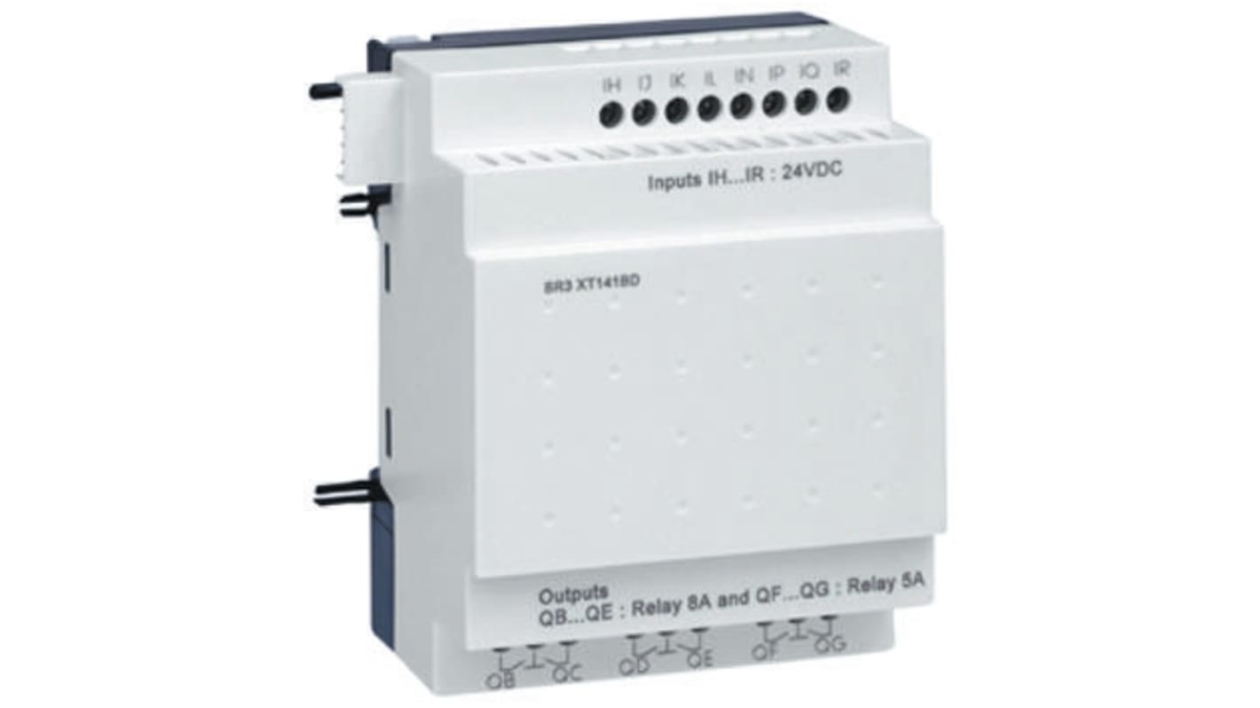 Modulo I/O Schneider Electric SR3XT101B per guida DIN, 6 ingressi discreti, 4 uscite relè, dimensioni 110 x 72 x 59,5 mm.