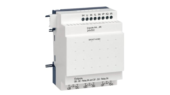 Modulo I/O Schneider Electric SR3XT141BD per monitoraggio industriale. 8 ingressi, 6 uscite, tensione di uscita 24-250 V c.a. - Guida DIN, -20°C / +55°C.