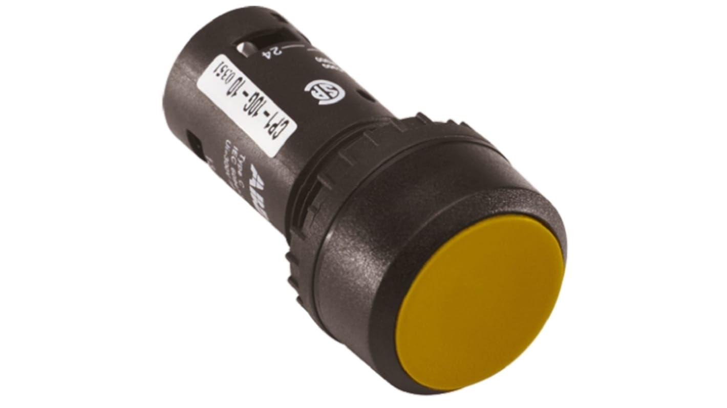 Pulsante SPST giallo ABB, montaggio a pannello con foro da 22,5 mm, grado di protezione IP69K, temperatura operativa -25/+70 °C.