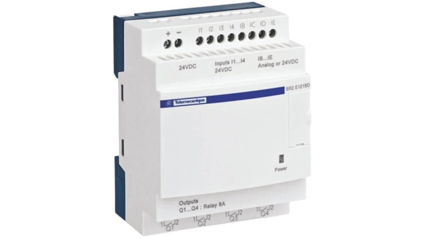 Modulo logico Schneider Electric SR2E201B per guida DIN, 12 ingressi, 8 uscite relè, alimentazione 24 V c.a., dimensioni 124,6 x 107,6 x 59,5 mm.