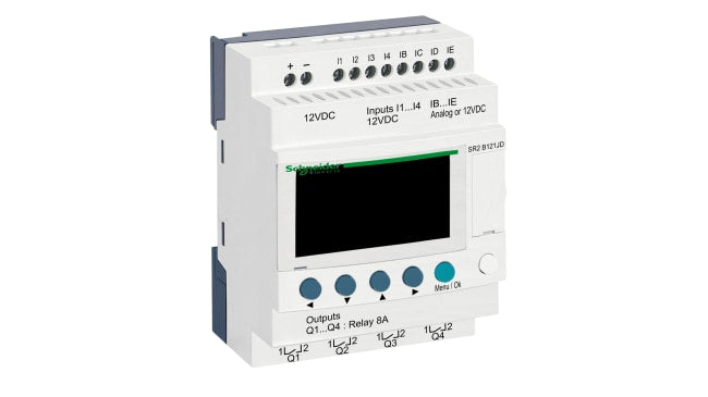 Modulo logico Schneider Electric SR2B121JD per automazione, 8 ingressi, 4 uscite, montaggio su guida DIN, dimensioni 71,2 x 107,6 x 59,5 mm.