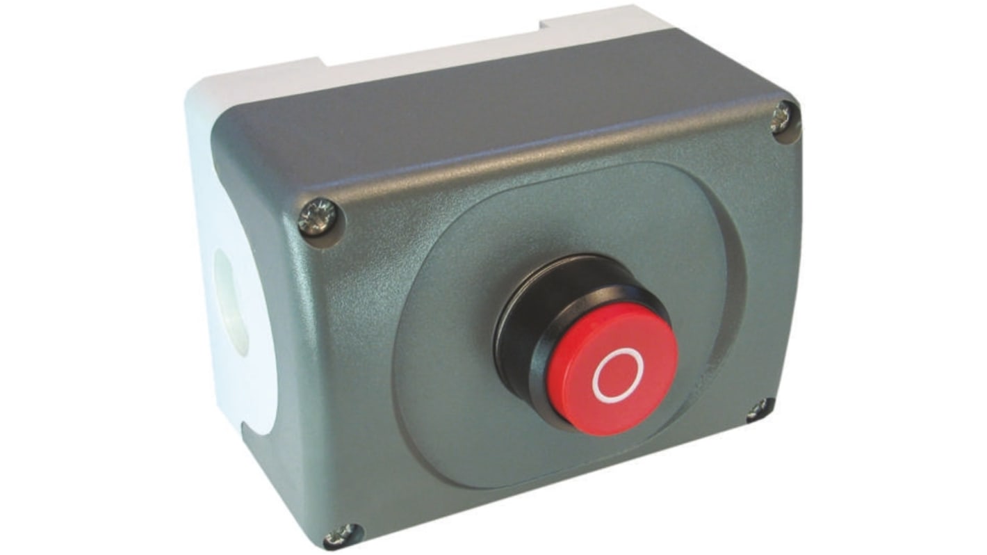 ABB Scatola pulsante IP66 con pulsante rosso, per avvio/arresto singolo, dimensioni 75x101x79mm, robusta per uso interno ed esterno.