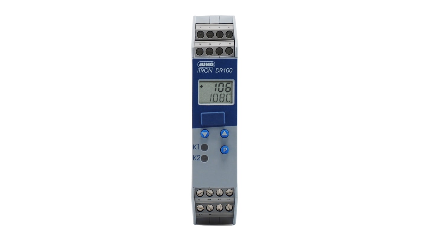 Jumo 702060/288-888-000-22, termoregolatore PID iTRON DR 100, display LCD, dimensioni 109 x 22.5 mm, alimentazione 20-53 V.
