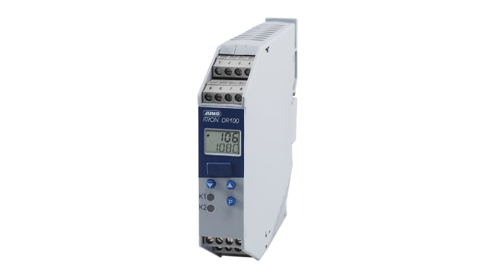 Jumo 702060/288-888-000-22, termoregolatore PID iTRON DR 100, display LCD, dimensioni 109 x 22.5 mm, alimentazione 20-53 V.