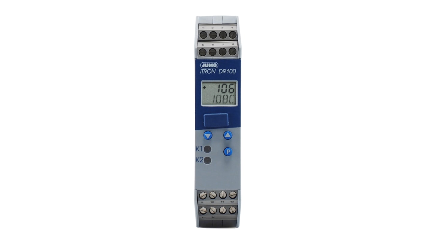 Jumo 702060/288-888-000-23, regolatore PID iTRON per unità DIN, tensione 110-240 V, display LCD, due uscite relè.