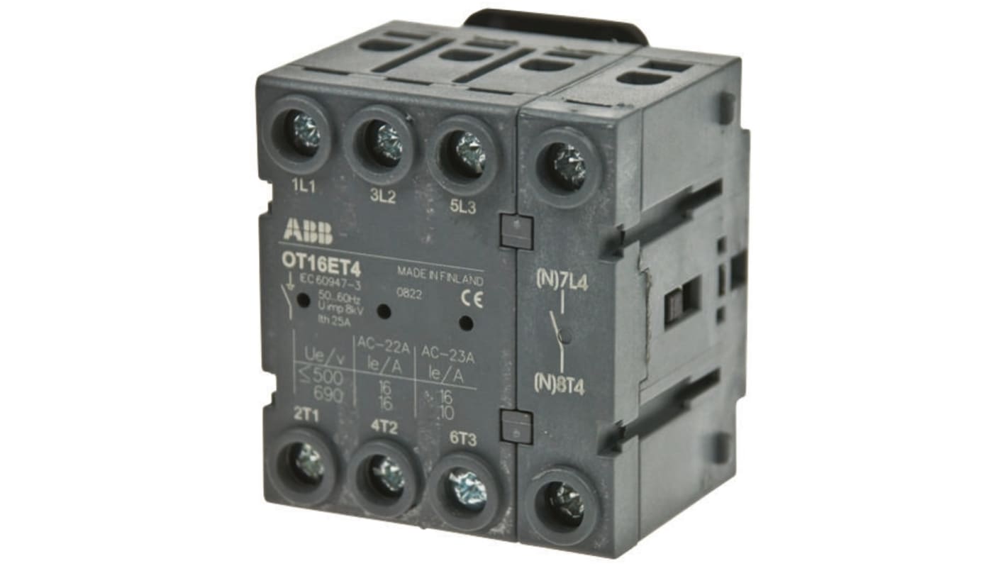 Interruttore di isolamento ABB OT100FT4N2, 4 poli, montaggio a pannello, 100A, 750V, dimensioni 100x97x67mm.