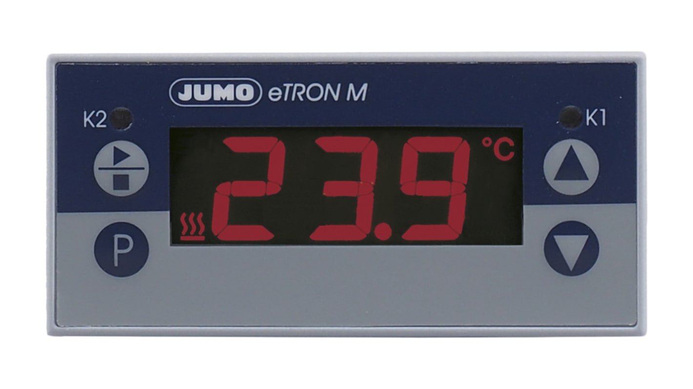 Termostato Jumo 701060/811-05 eTRON, 115 V c.a., montaggio a pannello, funzione di scongelamento e monitoraggio soglia.