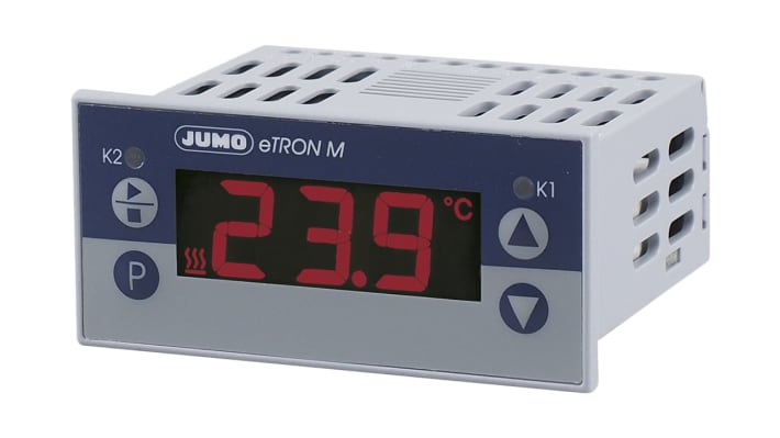 Termostato Jumo 701060/811-05 eTRON, 115 V c.a., montaggio a pannello, funzione di scongelamento e monitoraggio soglia.