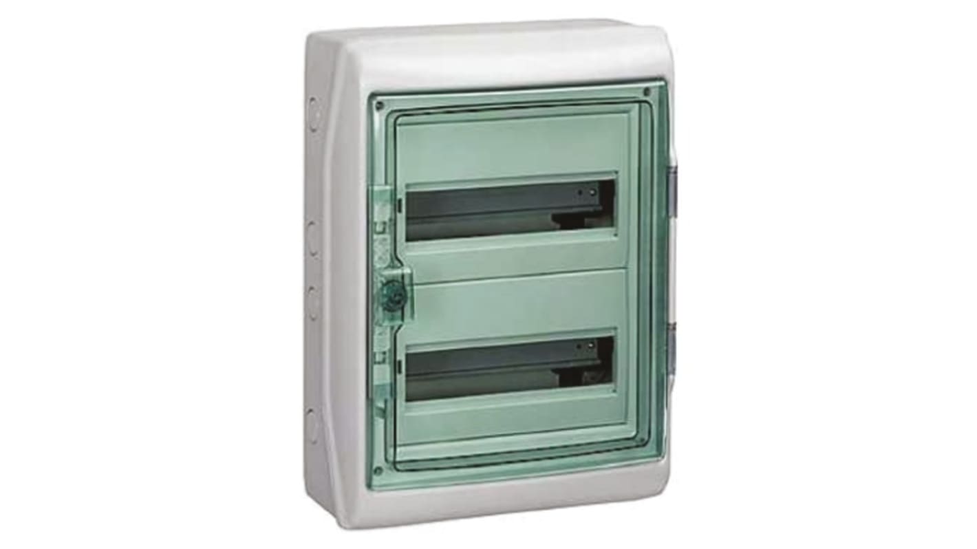 Scheda di distribuzione Schneider Electric 13964, 24 vie, 63 A, contenitore grigio RAL 7035, sportello verde trasparente.