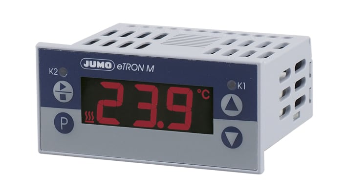 Termostato Jumo 701060/832-02 eTRON M, montaggio a pannello, controllo temperatura, 2 uscite, display LCD retroilluminato.
