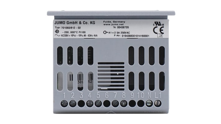 Termostato Jumo 701060/832-02 eTRON M, montaggio a pannello, controllo temperatura, 2 uscite, display LCD retroilluminato.
