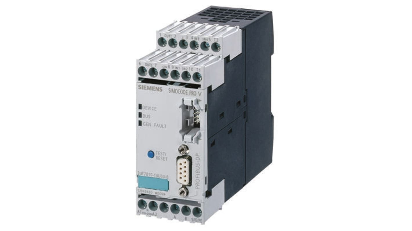 Siemens 3UF7000-1AB00-0, unità base motore SIMOCODE Pro C, 4 ingressi, 3 uscite, 24 V c.c., dimensioni 111x45x95 mm.