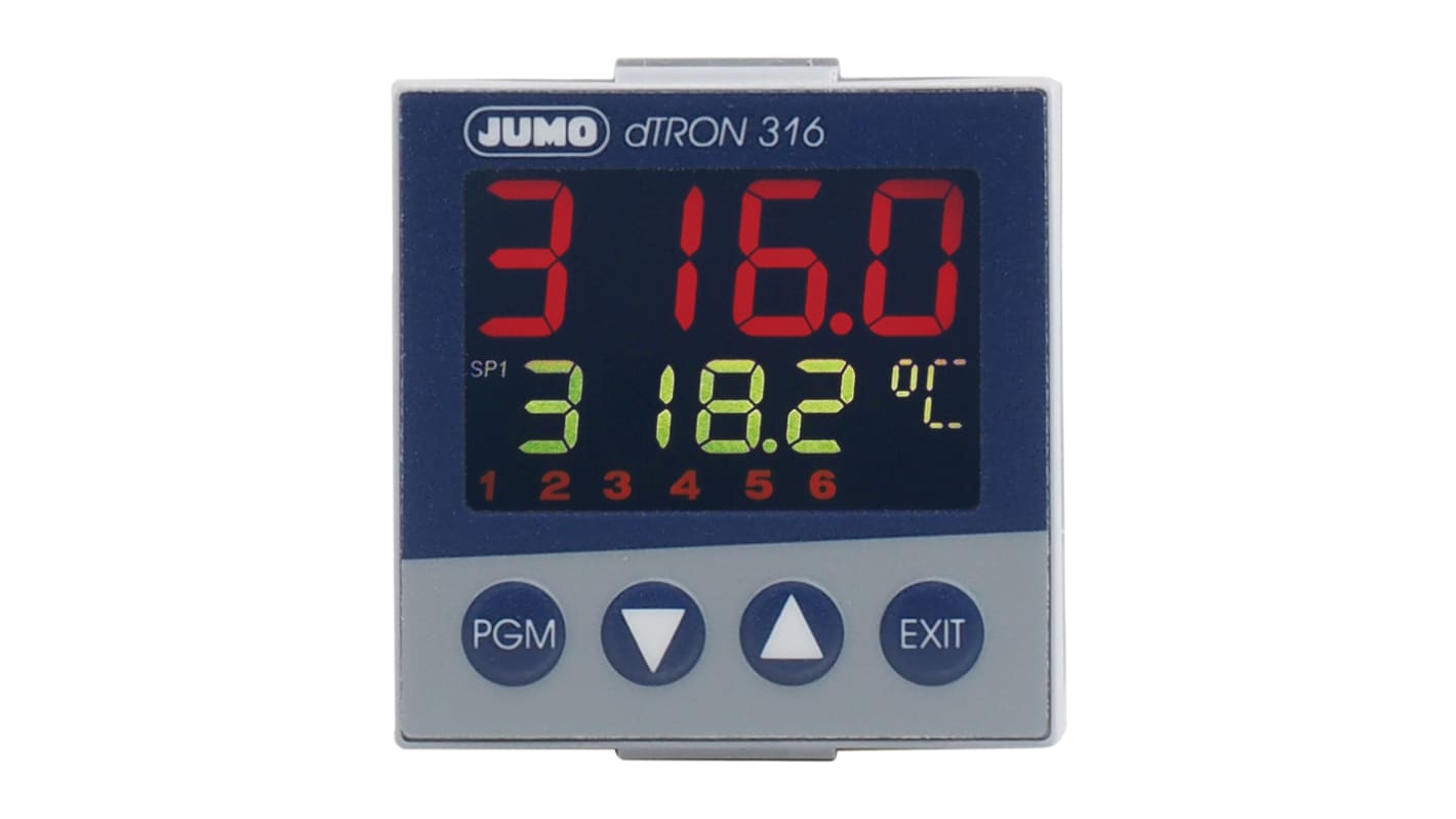 Termoregolatore PID Jumo 703041/181-400-23/000, 48x48 mm, alimentazione 110-240 V, display LCD multicolore, IP65.