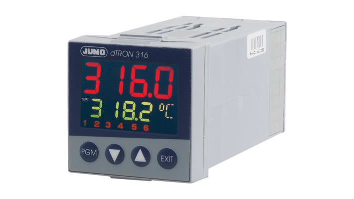 Termoregolatore PID Jumo 703041/181-400-23/000, 48x48 mm, alimentazione 110-240 V, display LCD multicolore, IP65.
