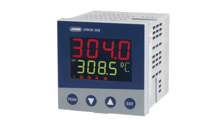 Termoregolatore Jumo 703044/181-000-23/000 dTRON, 96x96 mm, 110-240 V, 4 uscite, IP65, display LED, interfaccia RS422/485.