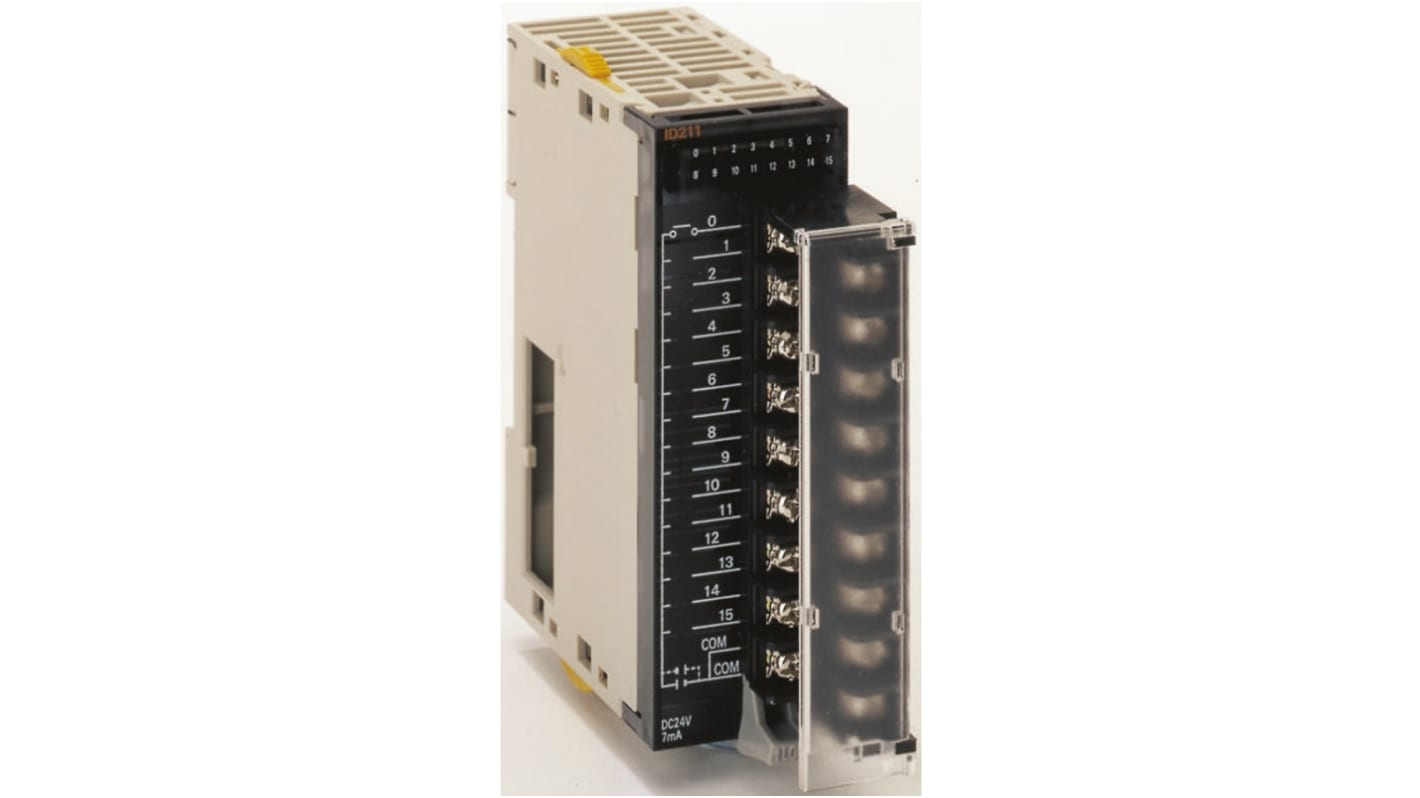 Modulo di ingresso digitale Omron CJ1W-IA111, compatibile con moduli CJ1M, espandibile fino a 10 unità. Dimensioni: 90x31x89 mm.