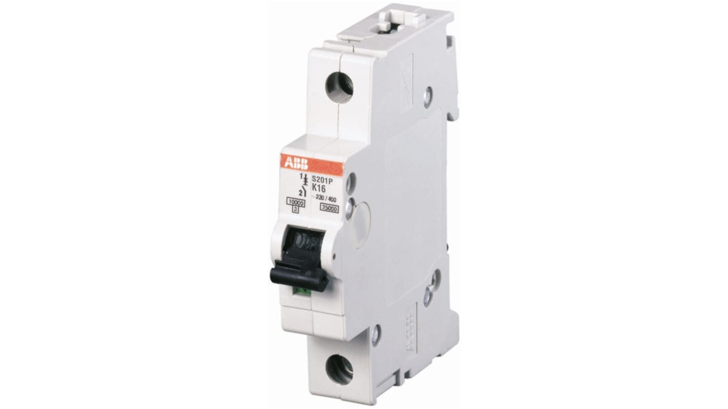 Interruttore magnetotermico ABB S201-K20, 20A, montaggio su guida DIN, larghezza 17,5 mm, capacità di rottura 6 kA.