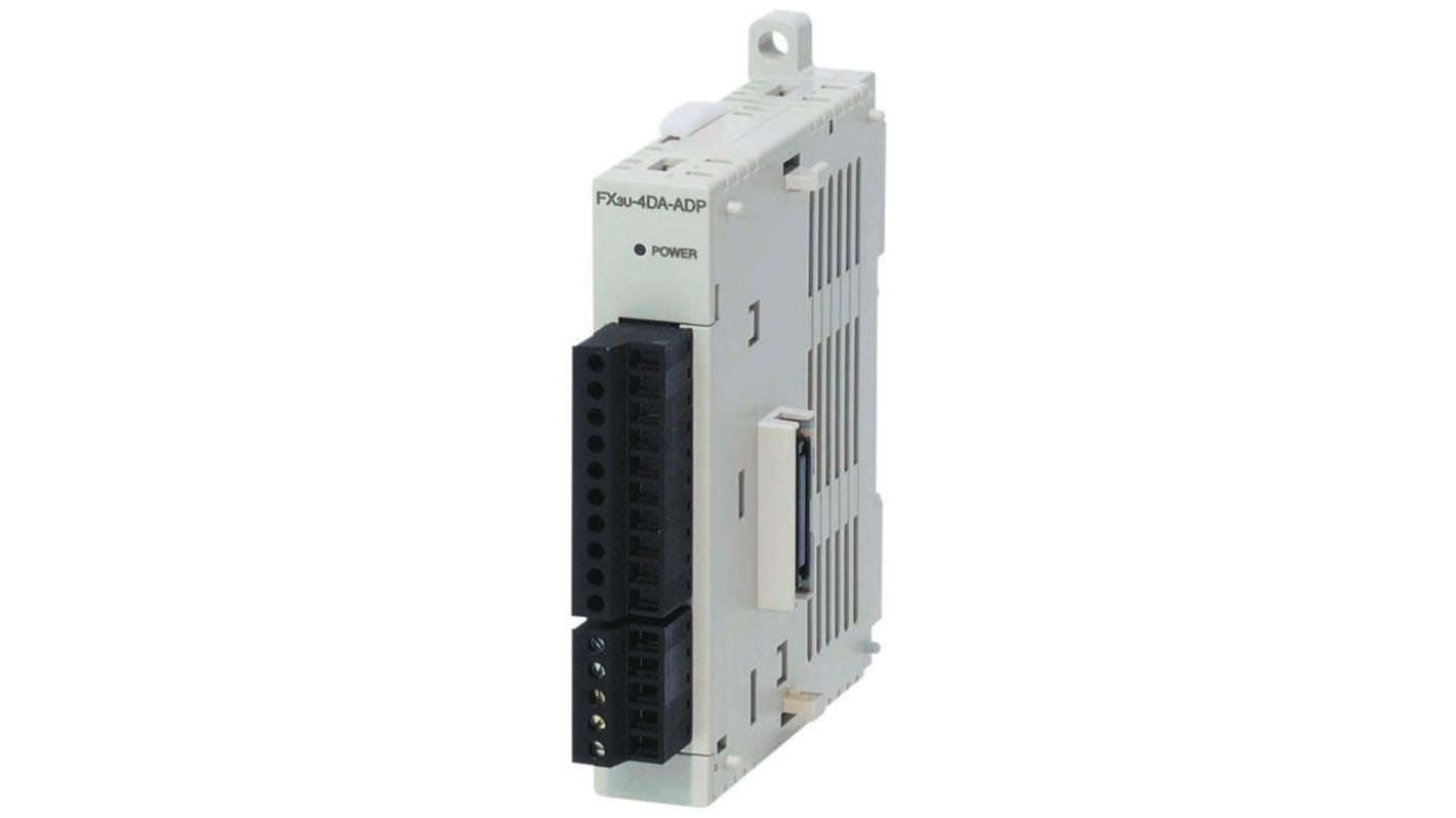 Modulo I/O Mitsubishi Electric FX3U-4DA-ADP, 4 uscite analogiche 0-10V/4-20mA, montaggio su unità FX3U, dimensioni 90 x 17,6 x 89,5 mm.