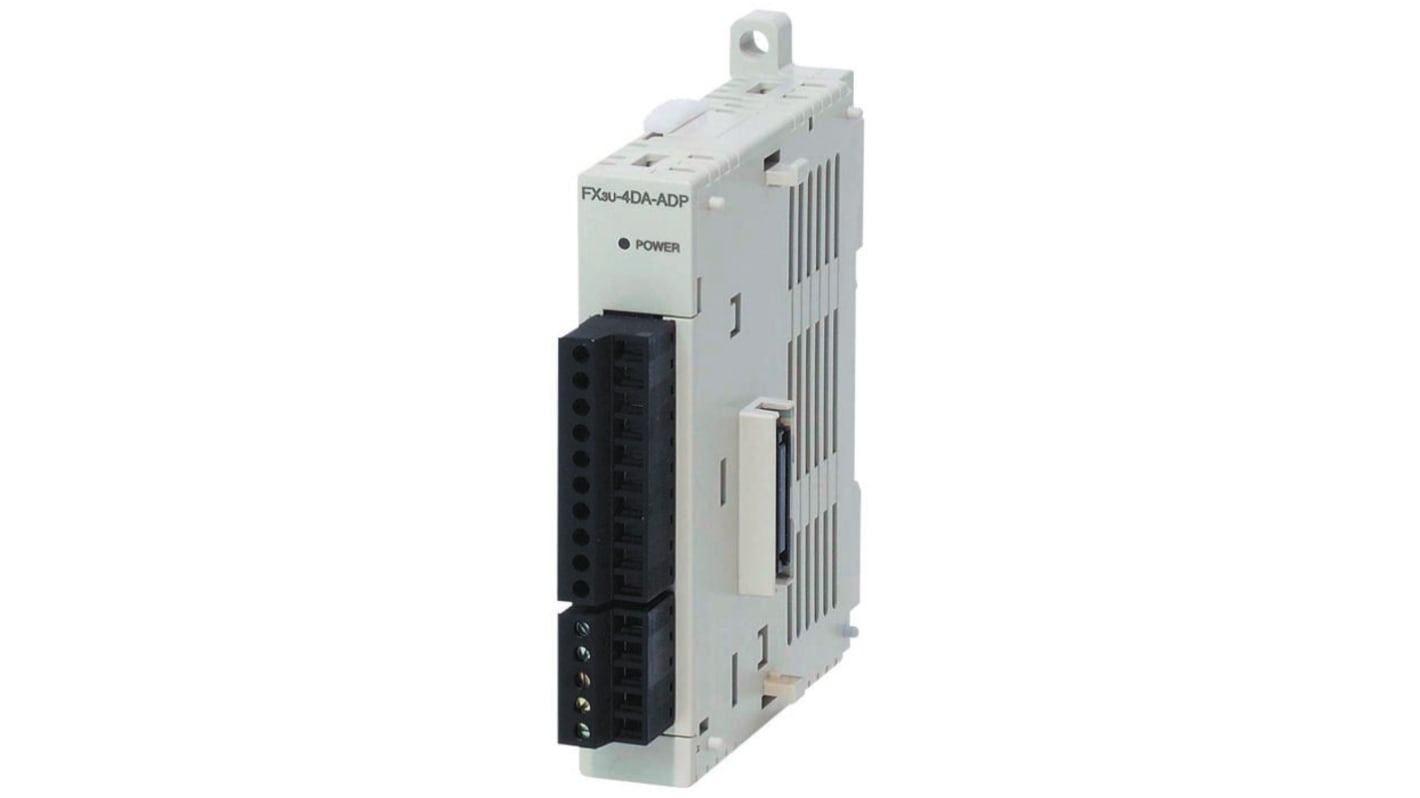 Modulo I/O analogico Mitsubishi Electric FX3U-4AD-TC-ADP, 4 canali, 12 bit, ingressi 0-10V e 4-20mA, dimensioni 106 x 17,6 x 89,5 mm.