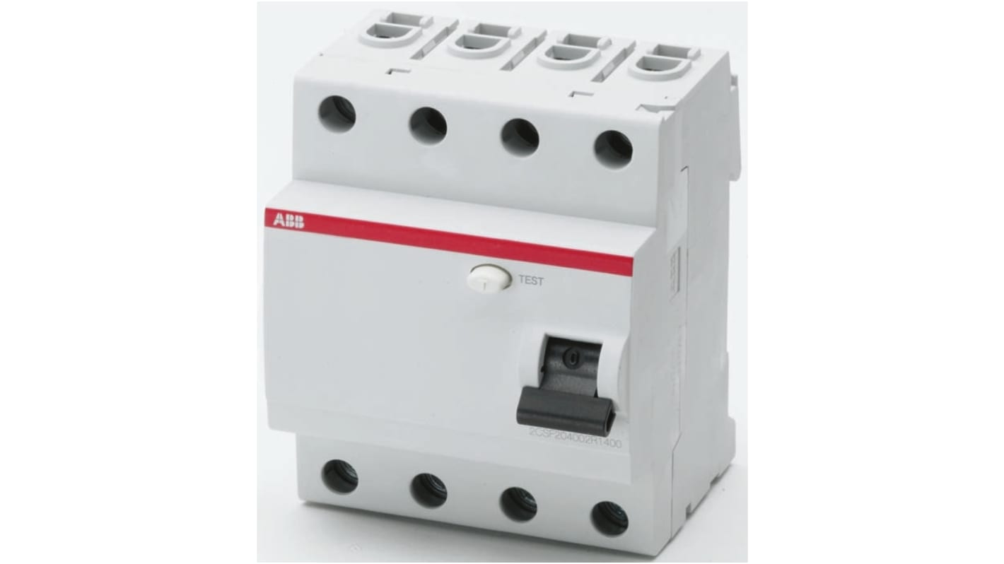 Interruttore differenziale ABB 4 poli, 25A, 30mA, montaggio su guida DIN, per protezione da correnti di guasto.