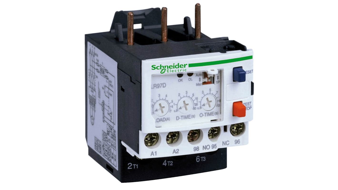 Relè di sovraccarico Schneider Electric LR97D07F7, 1 contatto NO e 1 NC, corrente 7 A, tensione 690 V, dimensioni 64,5 x 45 x 67,5 mm.