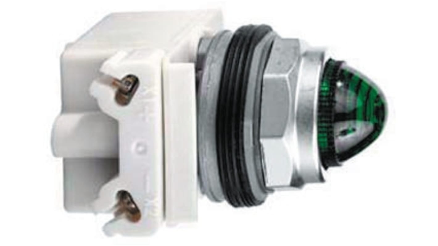 Spia LED verde rotonda Schneider Electric, foro 30mm, protezione IP66, tensione 120V, conforme a standard internazionali.