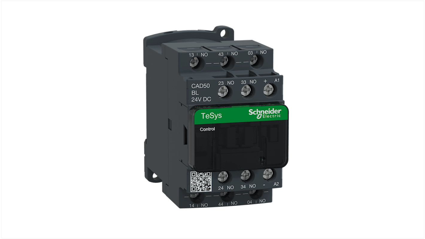 Contattore Schneider Electric CAD50BL Serie TeSys D 5NO 10A 24V c.c. per automazione industriale e sistemi di controllo.