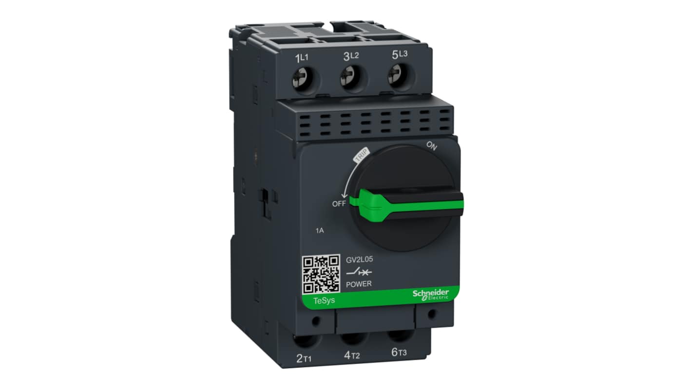 Schneider Electric GV2L05, interruttore automatico motore TeSys, corrente nominale 1,7 A, design compatto 89x44,5x97 mm, montaggio a vite o clip.
