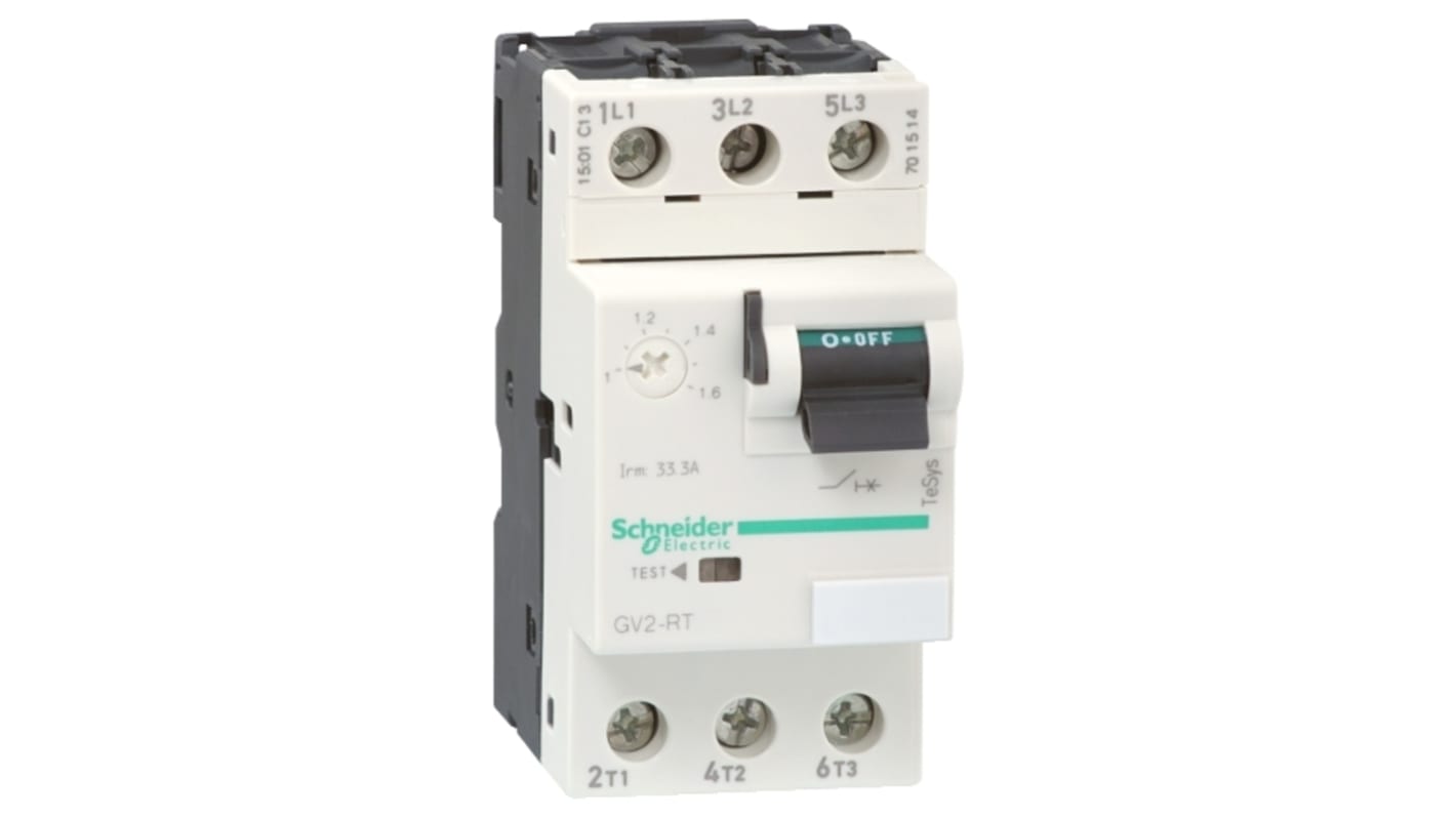 Interruttore automatico del motore Schneider Electric GV2RT16, 3 poli, 9-14 A, montaggio verticale o orizzontale, dimensioni 89 x 44.5 x 78.5 mm.