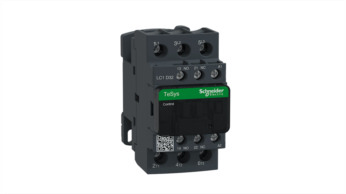 Contattore trifase Schneider Electric LC1D32M7, 3 poli, 32A, 15kW, 220V CA. Ideale per automazione e HVAC. Facile installazione e design eco-compatibile.