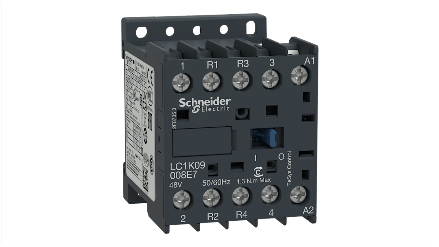 Contattore Schneider Electric LC1K09008B7 4 poli 2 NO + 2 NC 9A 24V CA per AC1 fino a 20A. Montaggio su guida DIN, temperature -25°C / +50°C. Conformità BS5424, IEC 60947.