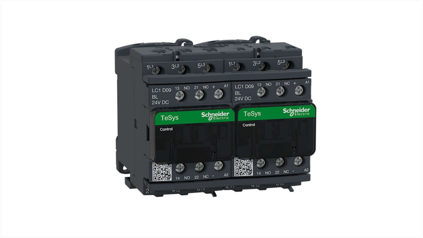 Contattore Reversibile Schneider Electric LC2D09BL 3P 3NA 9A 4kW 24Vcc per motori e carichi resistivi. Alta affidabilità e conformità agli standard internazionali.