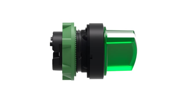 Testa selettore verde Schneider Electric ZB5AK1233 per controlli industriali, montaggio a pannello Ø 22mm - Harmony XB5. IP69K, resistente agli urti.