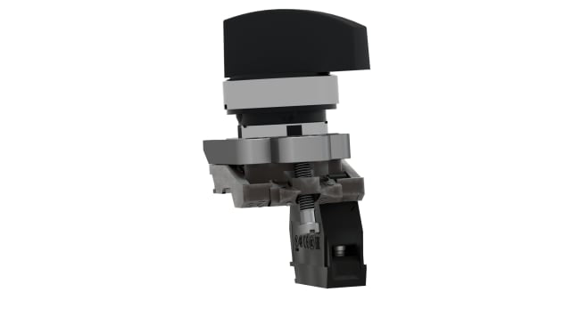 Selettore rotante a 2 posizioni Schneider Electric XB4BJ21, montaggio a vite, diametro 22 mm, con attuatore nero e cornice cromata.