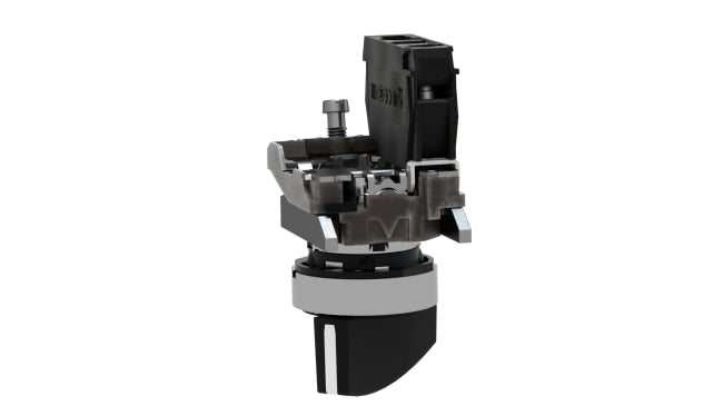 Selettore rotante a 2 posizioni Schneider Electric XB4BJ21, montaggio a vite, diametro 22 mm, con attuatore nero e cornice cromata.