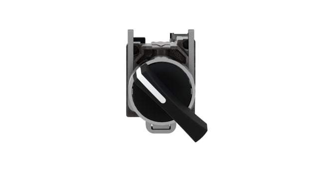 Selettore rotante a 2 posizioni Schneider Electric XB4BJ21, montaggio a vite, diametro 22 mm, con attuatore nero e cornice cromata.