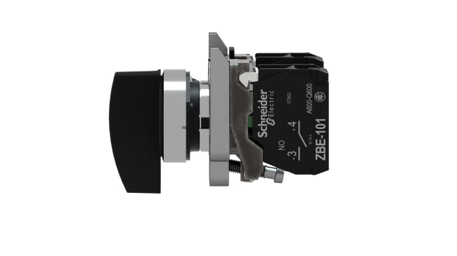 Selettore rotante a 3 posizioni Schneider Electric, montaggio frontale da 22 mm, grado di protezione IP69K, impugnatura nera.
