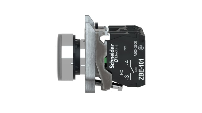 Pulsante luminoso bianco Schneider Electric XB4BW31B5 per avviare macchinari. Resistente, SPDT, IP66/IP67/IP69K, ideale per settore medico, cantieri navali, linee di produzione. Diametro 22mm.